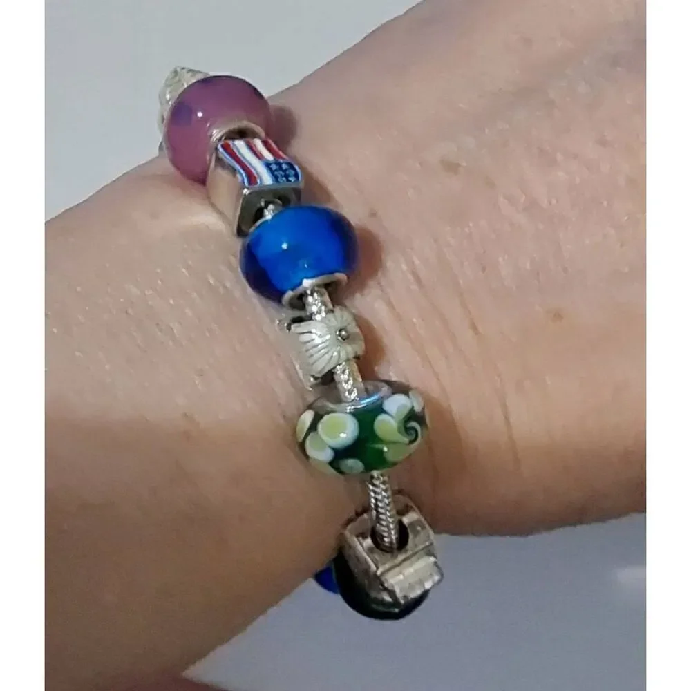 Last One~July 4th USA Patriotic Murano Glass & Euro Charm Bracelet